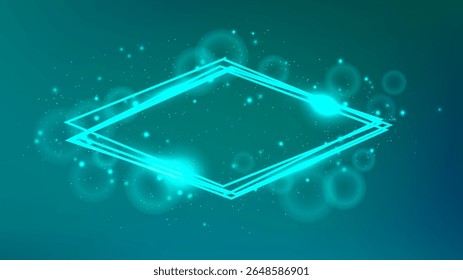 Neon rhombus frame with shining effects and sparkles on green background. Empty glowing techno backdrop. Vector illustration