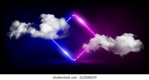 Neon rhombus frame with soft clouds and glow light effect vector illustration. Abstract electric pink and blue border shine in sky, glowing magic portal to future with ripples on dark background