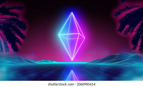 Neon rhombus on retro background landscape. Glowing rhombus cosmos poster. Neon light box cube light. Future purple 80s sci-fi poster.