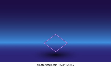 Neon rhombus symbol on a gradient blue background. The isolated symbol is located in the bottom center. Gradient blue with light blue skyline