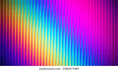 Neon ribbed fractal glass texture with vibrant rainbow gradients and bright smooth fluted vertical lines. Bold dynamic design blending futuristic tones and radiant colors for modern visual art project