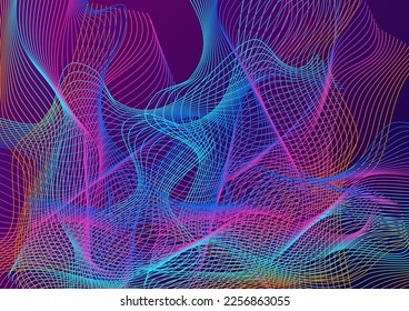 Neon Ribbon Background Violet Vector. Lattice Poster. Bright Curve Technology. Dynamic Blend Design. Gradient Decorative.