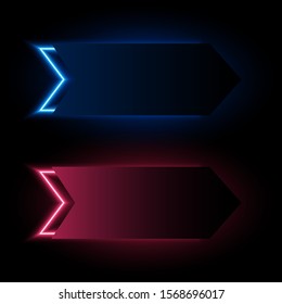 Neon right arrow, button set on dark background, vector illustration.