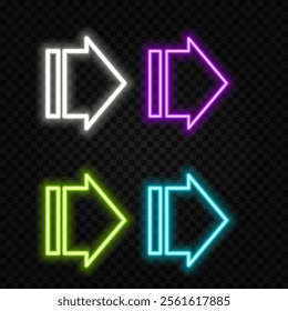 Neon right arrows colourful vector icons set. Realistic glowing pointers on transparent background. Location indicator for casino, bar, cinema, nightclub and motel, isolated symbol pack..