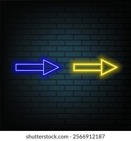 Neon right arrows colourful vector icons set. Realistic glowing pointers on transparent background. Location indicator for casino, bar, cinema, nightclub and motel, isolated symbol pack..