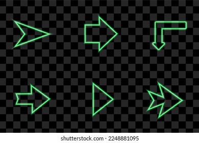 Iconos vectoriales de flechas verdes de la derecha de la aguja. Punteros brillantes realistas sobre un fondo transparente. Indicador de ubicación para casino, bar, cine, discoteca y motel, paquete de símbolos aislados.