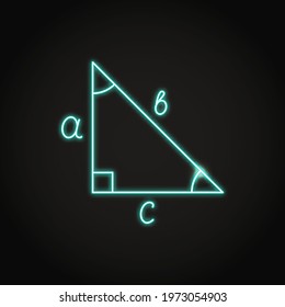 Neon right triangle with marked angles icon in line style. Math trigonometry symbol. Vector illustration.