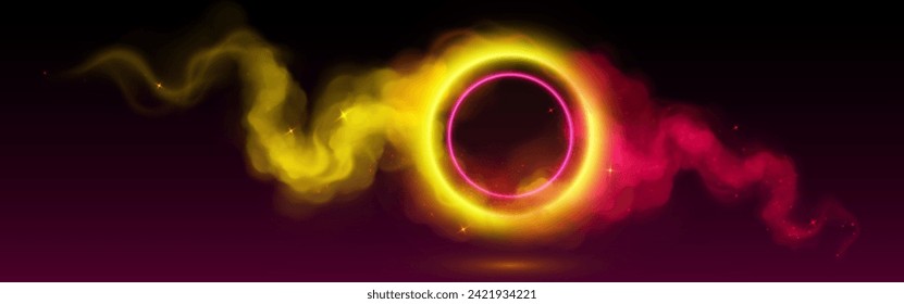 Sonó neón en nubes de humo rosa y amarillo sobre fondo oscuro. Ilustración vectorial realista del portal de círculo luminoso brillando en la bruma brillante con destellos, avatar del juego, diseño de show club nocturno