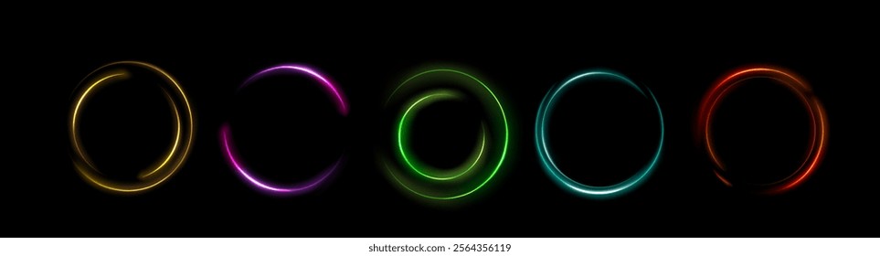 Neon ring collection - luminous circular frames in blue, red, green, yellow and pink colors. Glowing lined geometric shapes with sparkle effect on dark background. Futuristic interface design elements