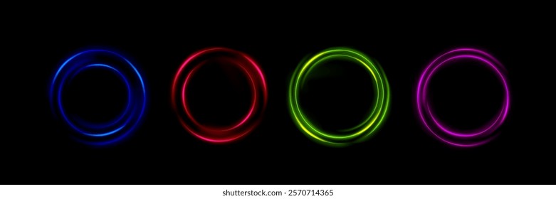 Neon ring collection - luminous circular frames in blue, red, green and pink colors. Glowing lined geometric shapes with sparkle effect on dark background. Futuristic interface design elements.