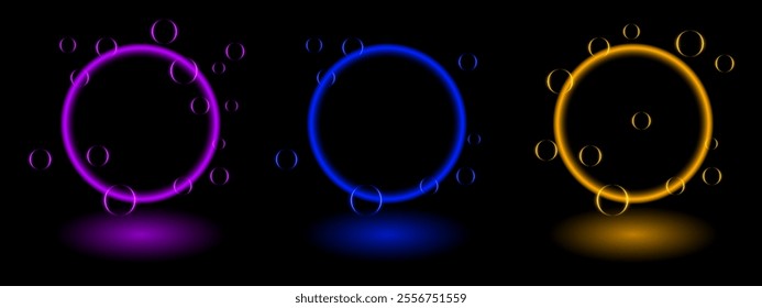 Neon ring effect set. Glowing circular frames in blue, purple, yellow, neon lights, surrounded by translucent orbs, creating a futuristic and dynamic design suitable for tech, gaming, abstract themes.
