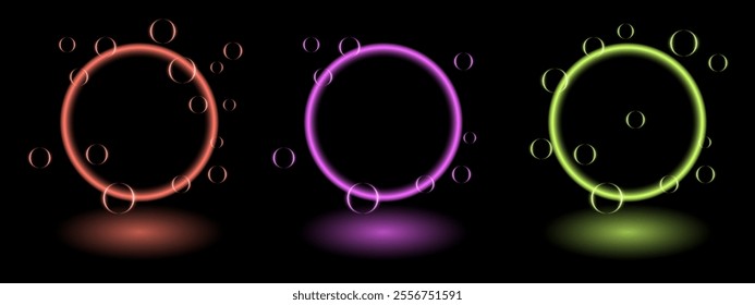 Neon ring effect set. Glowing circular frames in red, green, and purple neon lights, surrounded by translucent orbs, creating a futuristic and dynamic design suitable for tech, gaming, abstract themes