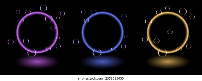 Neon ring effect set. Glowing circular frames in blue, purple, yellow, neon lights, surrounded by translucent orbs, creating a futuristic and dynamic design suitable for tech, gaming, abstract themes.