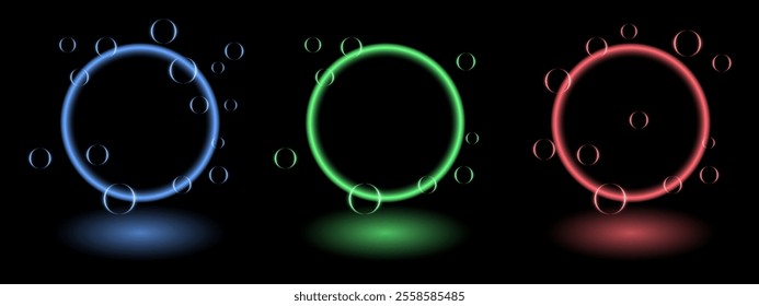 Neon ring effect set. Glowing circular frames in blue, green, and red neon lights, surrounded by translucent orbs, creating a futuristic and dynamic design suitable for tech, gaming, abstract themes.