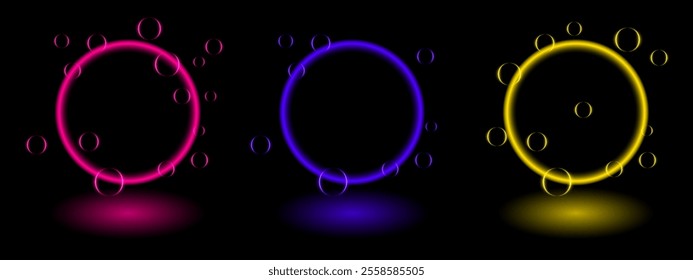 Neon ring effect set. Glowing circular frames in red, blue, yellow neon lights, surrounded by translucent orbs, creating a futuristic and dynamic design suitable for tech, gaming, abstract themes.