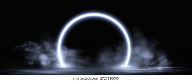 Anel de néon com efeitos de luz azul brilhante, portal futurista, fumaça vibrante e iluminação LED.