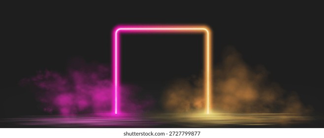 Anel de néon com efeitos de luz rosa e laranja brilhantes, portal portal futurista, fumaça vibrante e iluminação LED.