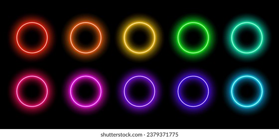 Luces de anillo de neón coloridas, elementos decorativos, fondo negro, efecto transparente.