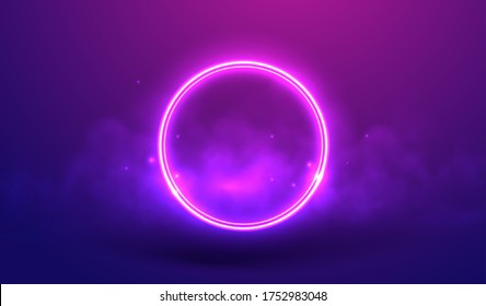 Neon ring on a violet background in fog and star dust vector illustration. Luminous round frame as a visualization of futuristic cyber space. Circle in smoke concept for for virtual reality