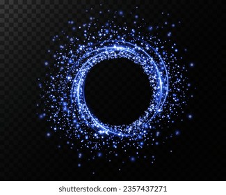 neon ring. Round shape with small particles of blue dust and lights, shiny frame on an isolated and transparent background.