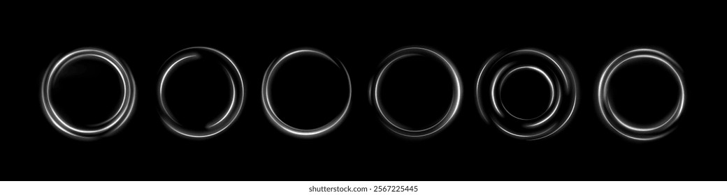 Neon ring set - glowing white circular frames with varying lined patterns. Luminous geometric shapes with sparkle effect on black background. Fantastic magic interface elements or futuristic design.