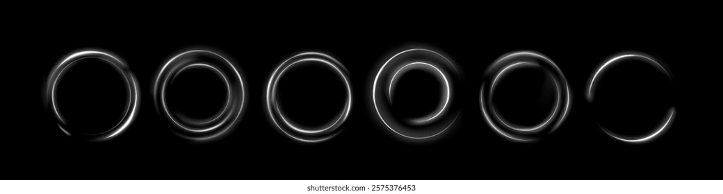 Neon ring set - glowing white circular frames with varying lined patterns. Luminous geometric shapes with sparkle effect on black background. Fantastic magic interface elements or futuristic design.