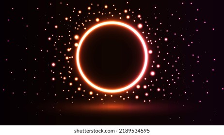 Neon ring shaped glowing fire circle with particles.Dark wallpaper vector illustration.