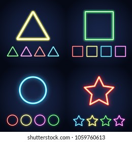Neon ring, star, square and triangle set. Glowing colorful geometric signs. Vector illustration.