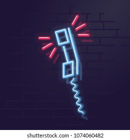 Neon ringing phone. Night illuminated wall street sign. Isolated geometric style illustration on brick wall background.