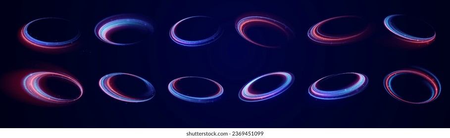 Neon rings set. Vector illustration of neon rings on dark background. Abstract vector fire circles, sparkling swirls and energy light spiral frames, neon blurry light circles at motion, Swirl effect.