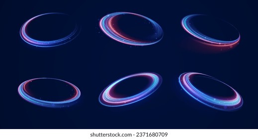 Anillos de neón. Ilustración vectorial de los anillos de neón sobre fondo oscuro. Resumen de los círculos vectores de fuego, los movimientos espumosos y los marcos de espiral de la luz de la energía, los círculos de luz borrosa de neón en movimiento, el efecto Girar.