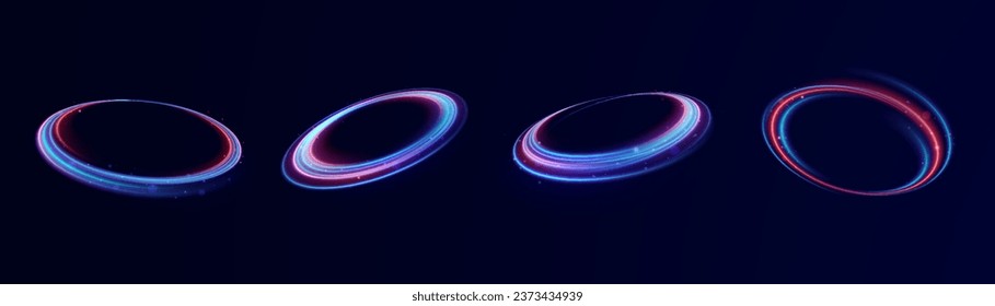 Neon rings set. Vector illustration of neon rings on dark background. Abstract vector fire circles, sparkling swirls and energy light spiral frames, neon blurry light circles at motion, Swirl effect.