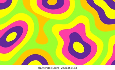 Vibes ondulées néon dans Retro Swirl. Arrière-plan abstrait coloré présentant des ondulations ovales en couches dans des tons fluo clairs, créant un effet de tourbillon funky rétro avec des contrastes vibrants.