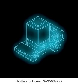 Neon road roller glowing on black background, concept for innovation in road construction