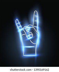 Neon rock hand sign. Rock music symbol. Vector illustration.