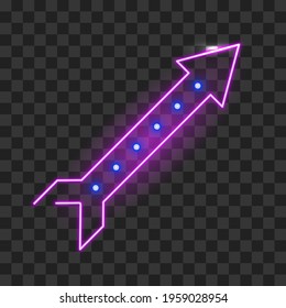 Neon rocket arrow template isolated. Electric purple signpost with soft glow and blue lights electric symbol of bars and vector club.