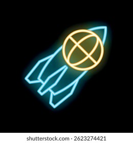 Neon rocket flying around the world icon illustration with black background