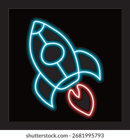 Neon rocket isolated on a black background. Rocket icon with glowing neon lines. Vector illustration.