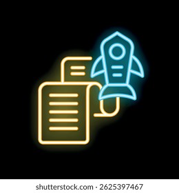 Neon rocket launching from contract document symbolizing a successful business start up in a vibrant illustration