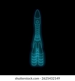 Neon rocket ship launching into space, representing space exploration and innovation