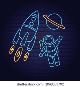 Neon rocket space electric sign with planet, stars, comet, astronaut.