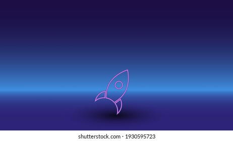 Neon rocket symbol on a gradient blue background. The isolated symbol is located in the bottom center. Gradient blue with light blue skyline