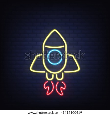 Neon rocketship with flame from engines glowing yellow, blue and red fluorescent light on dark brick wall realistic vector icon. Bar, nightclub retro illumination, signboard. Startup banner template