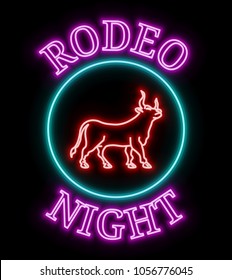 Neon rodeo sign with bull silhouette and ultra violet neon text "Rodeo night"