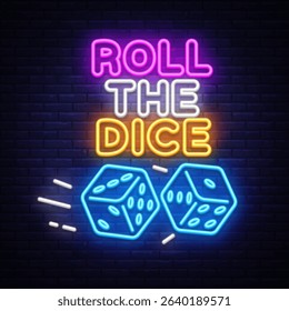 Neon roll the dice sign with glowing blue dice on brick wall. Dynamic design for casino advertising, game rooms or betting visuals.