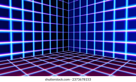 Neon room corner with 80s styled laser grid in synthwave style. 3D interior with wireframe neon walls.