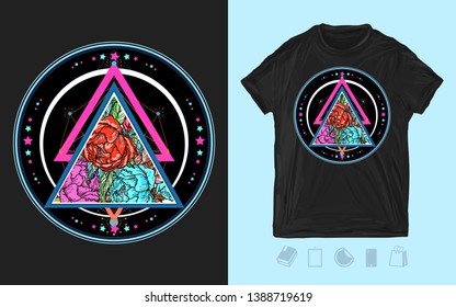 Neon roses in triangle. Floral fashion print for t-shirts and another, trendy apparel design 