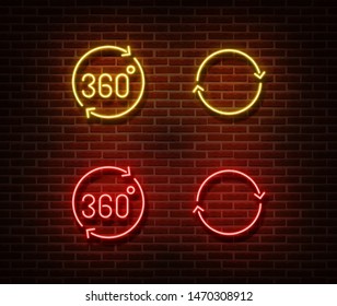 Neon rotate signs vector isolated on brick wall. 3d vision light symbol, decoration effect. Neon  illustration.