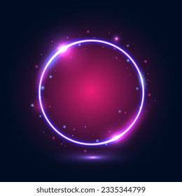 Neon round blue frame with highlights on a dark blue pink background. Abstract futuristic neon background. Vector illustration.