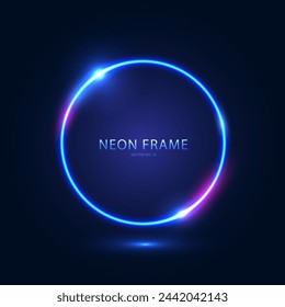 Neon round blue frame with highlights on a dark blue background. Abstract futuristic neon background. Vector EPS 10.